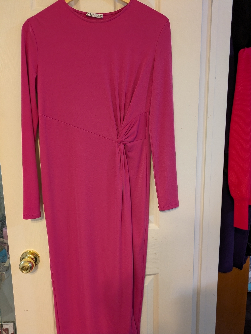 Zara Magenta Long Sleeve Twist-Detail Midi Dress